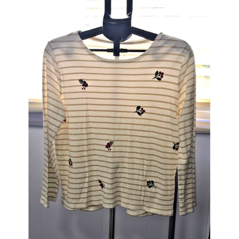 Croft & Barrow Poinsetta Cream Beige Holiday Theme Shirt Top Size Large L Cotton